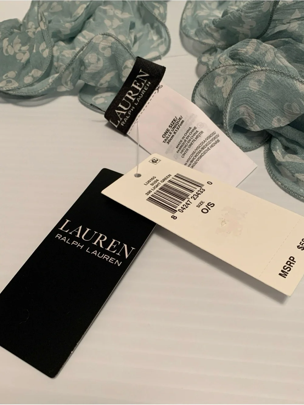 NWT Lauren Ralph Lauren Double Ruffle Scarf-Light Green; 100% Viscose